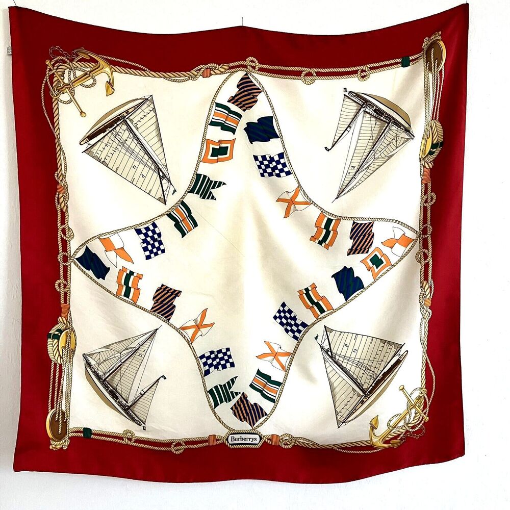 BURBERRY'S SCARF 100% Silk Made in Italy Nautical Sailboat Sailing 34.5"  square